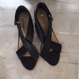 Black cross band heeled sandals
